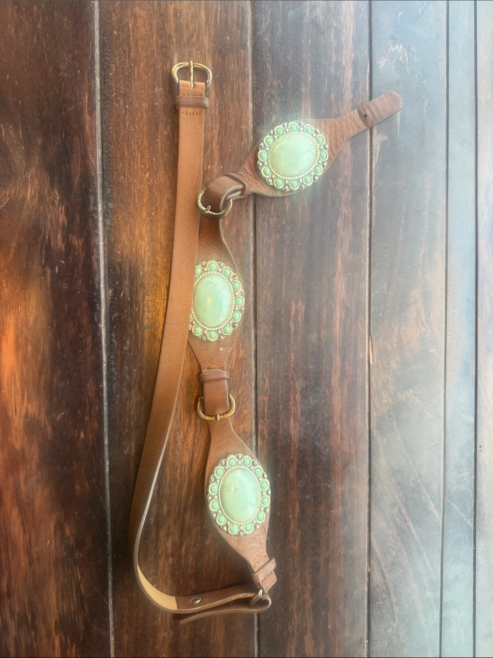 Leather Belt with Turquoise Stone Accents - Brown